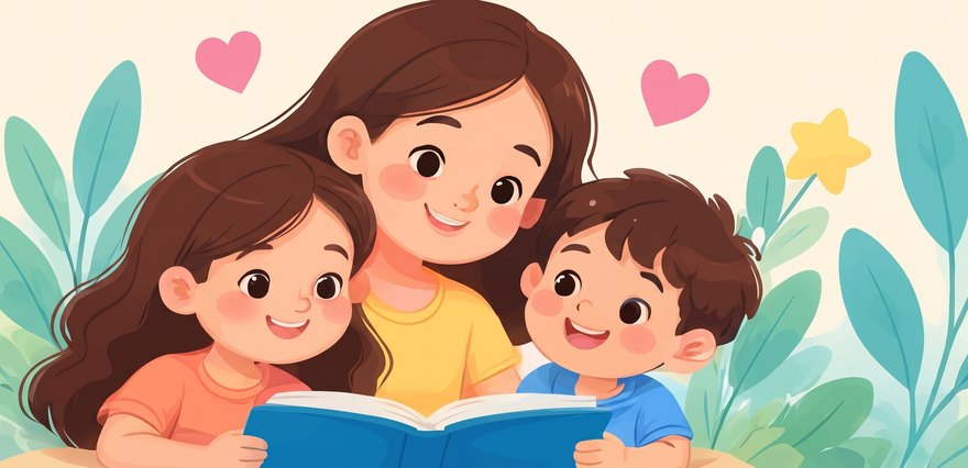 A mother reading to two children